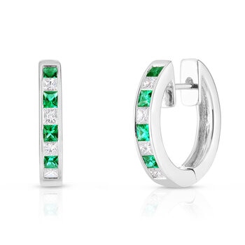 Princess Cut Lab Emerald & 0.33ctw Diamond Hoop Earrings, 14ct White Gold