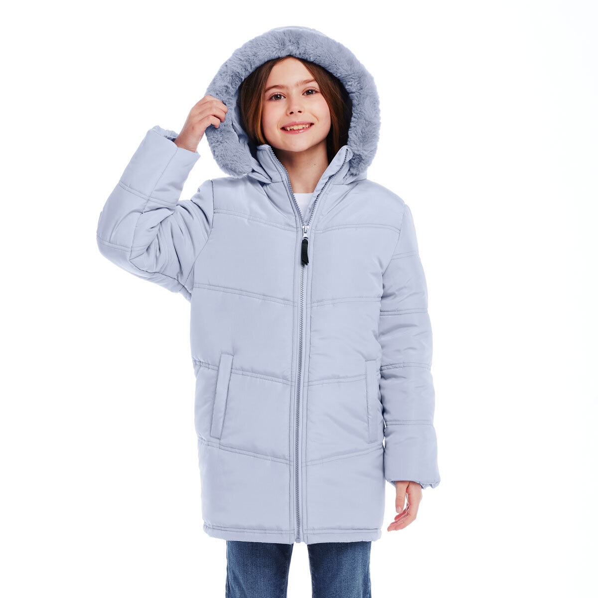 Andy & Evan Boys & Girls Back to School Quilted Parka in Blue with Faux Fur Hood