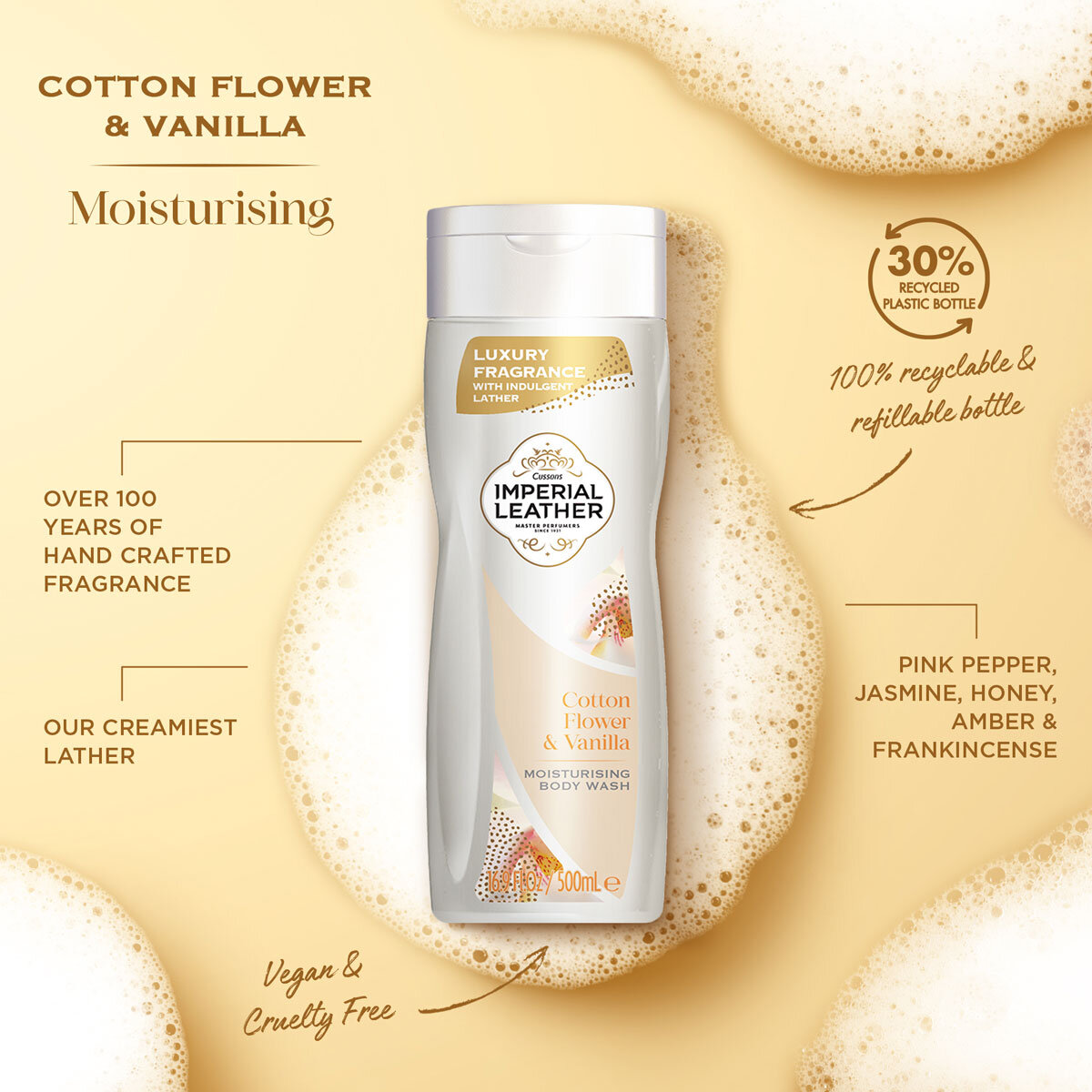 Imperial Leather Moisturising Body Wash with Cotton Flower & Vanilla Orchid, 4 x 500ml