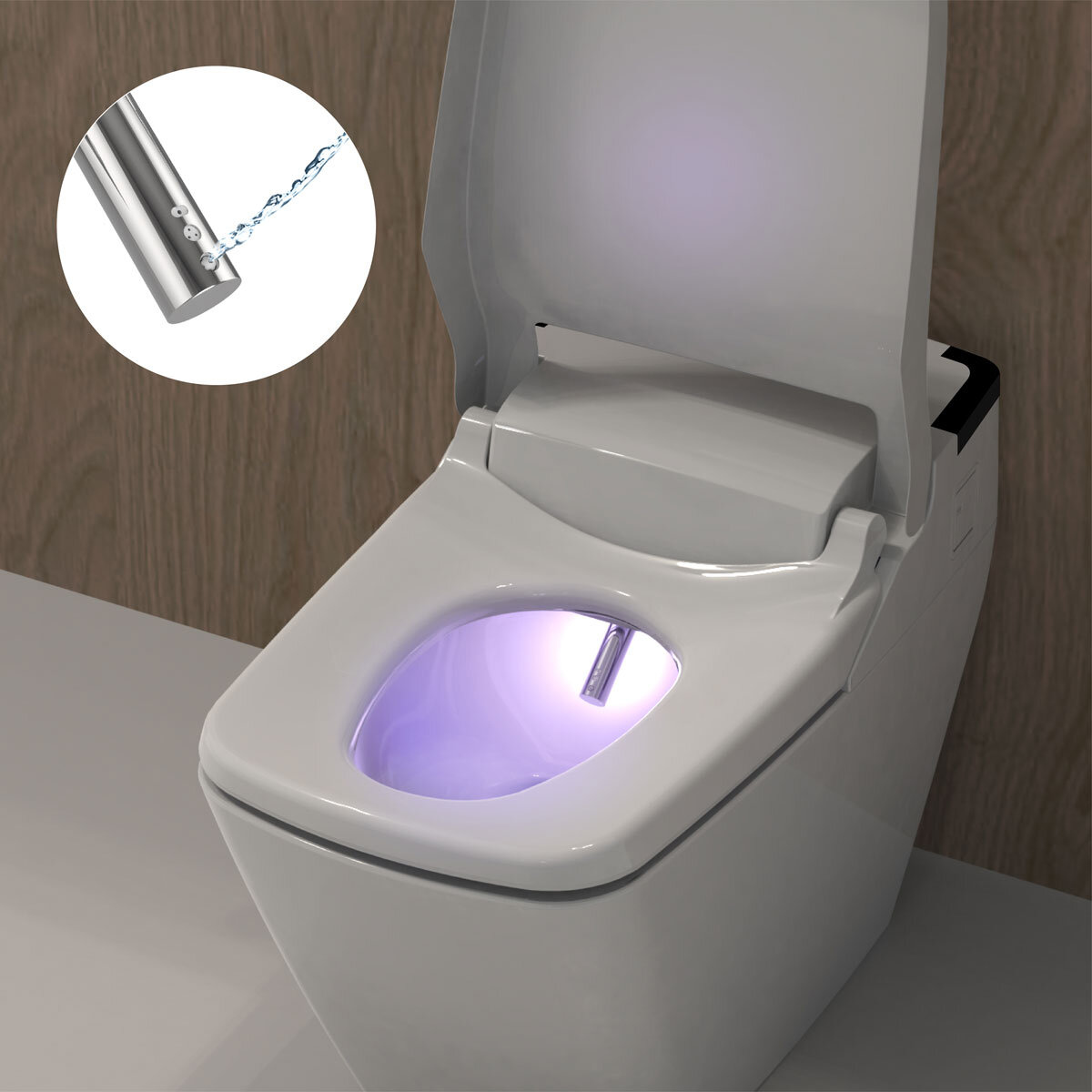 Lifestyle image of Vovo Smart Toilet demonstrating the UV light and water nozzle feature