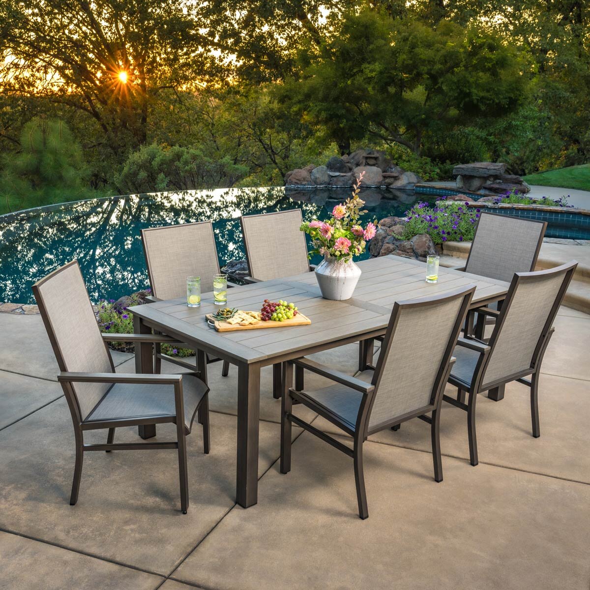 SunVilla Nichols 7 Piece Sling Dining Patio Set with Faux Wood Table Top + Cover