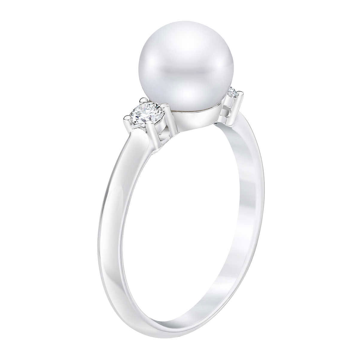 8-8.5mm Freshwater White Pearl & 0.21ctw Diamond Ring, 14ct White Gold