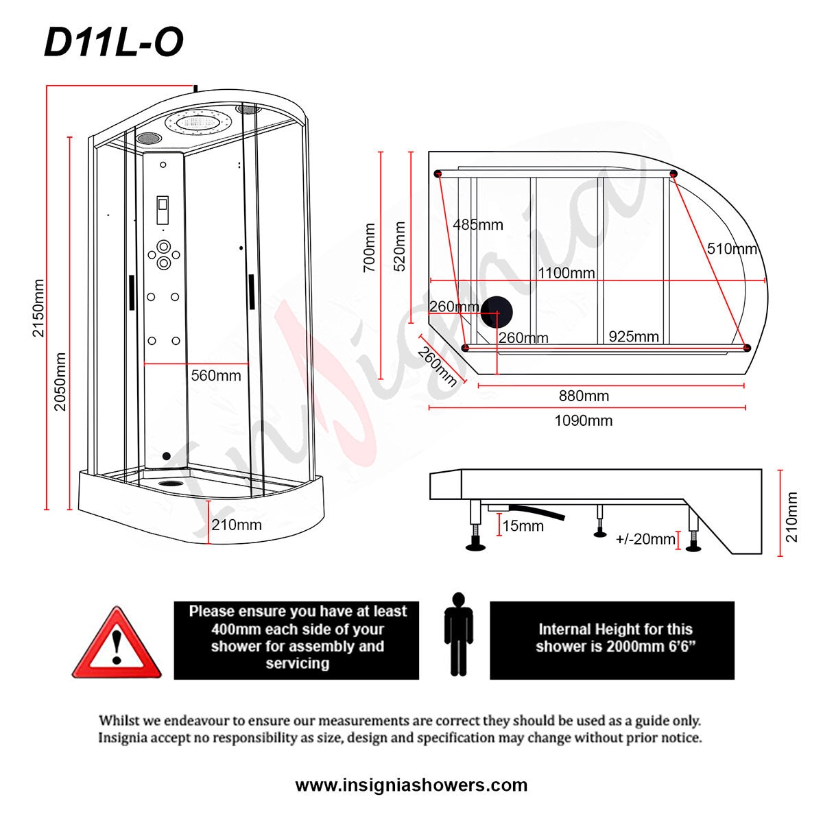 Insignia Diamond 1100mm Offset Quadrant Left Hand Steam Shower with Black Frame