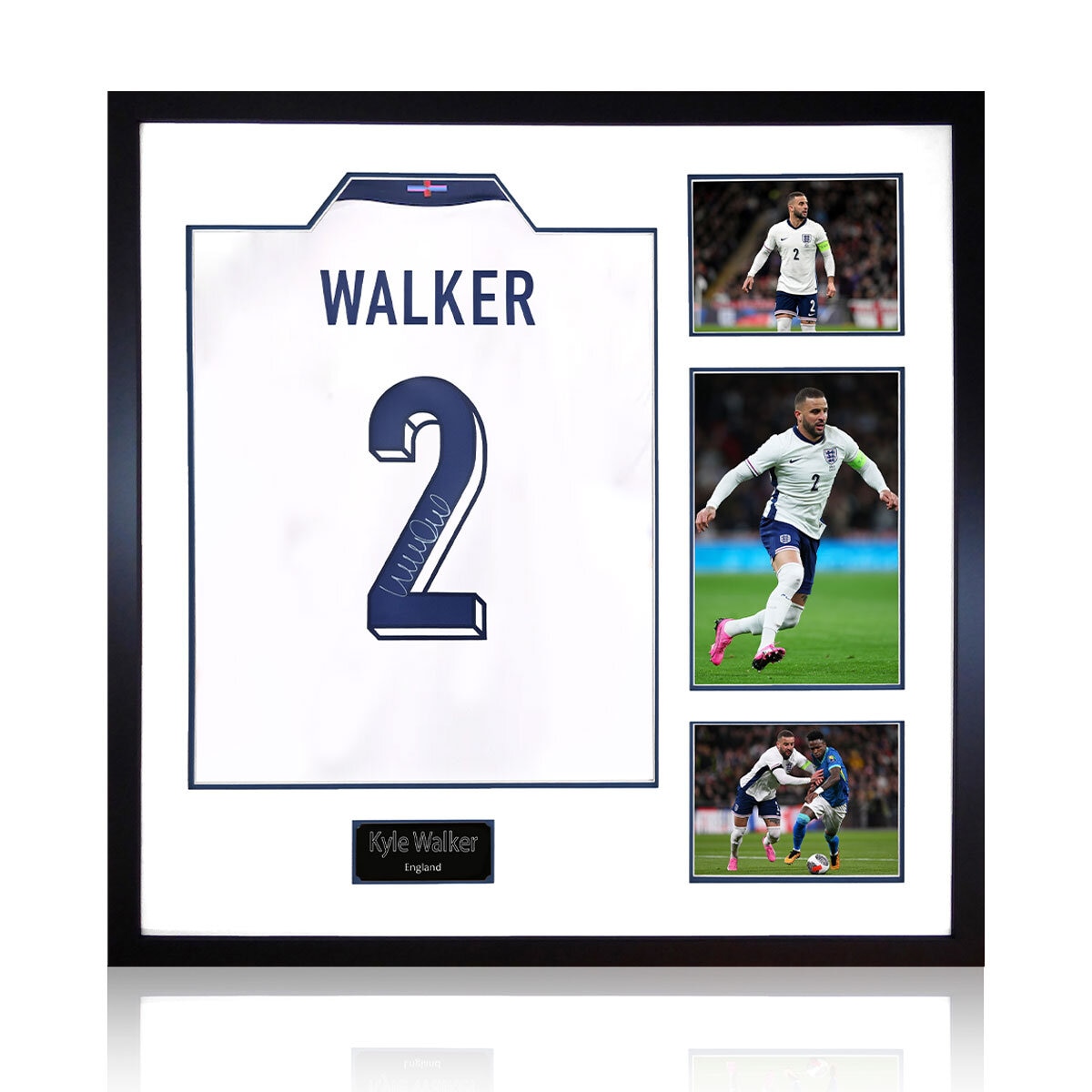 Kyle Walker Signed England Framed Shirt, including 3 Photos