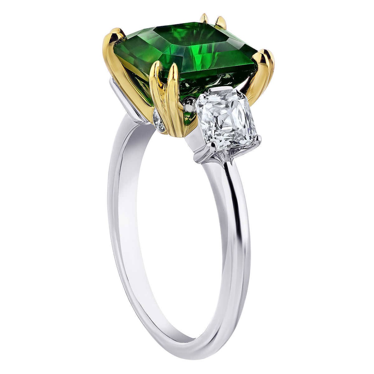 Square Emerald Cut Green Tsavorite and 1.13ctw Diamond Ring, Platinum ...