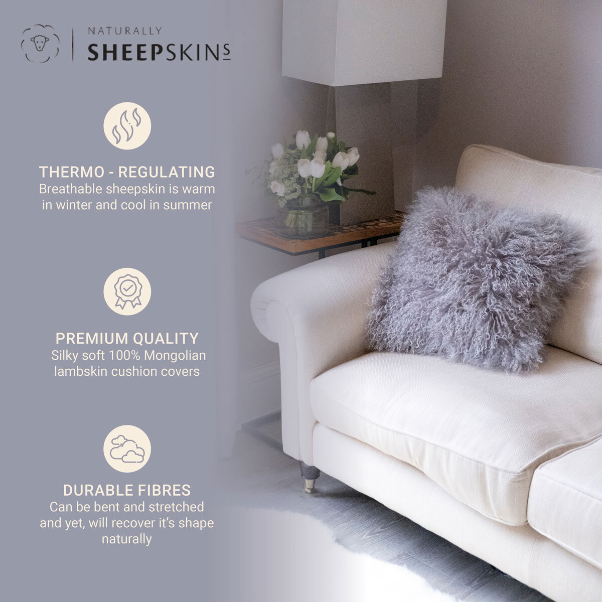 Naturally Sheepskins Mongolian Cushion, 50 x 50 cm in Grey