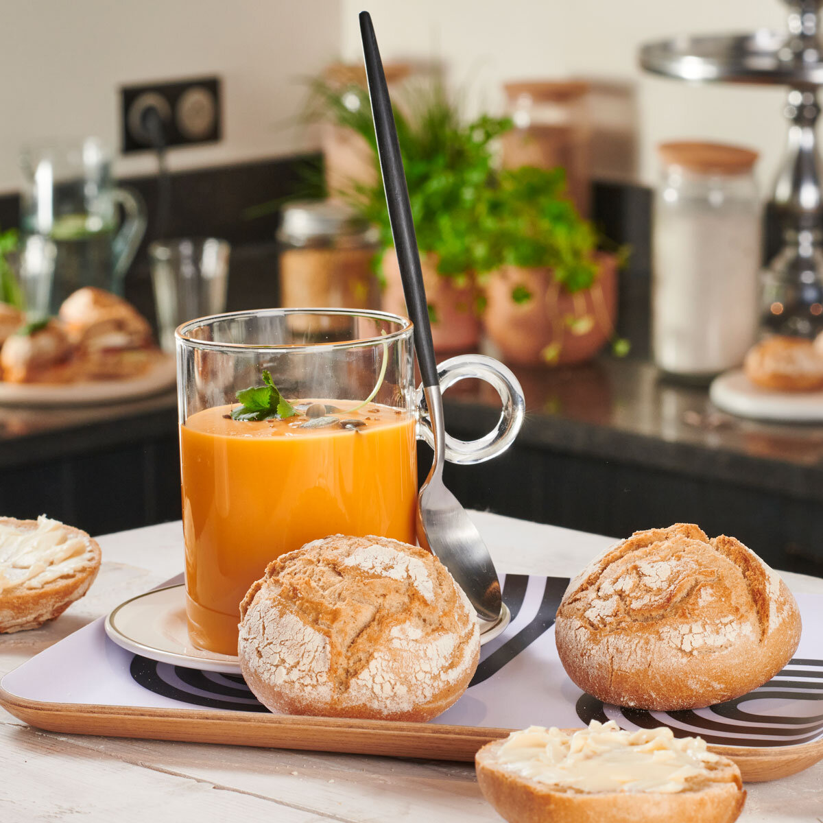 Crusty rolls with soup