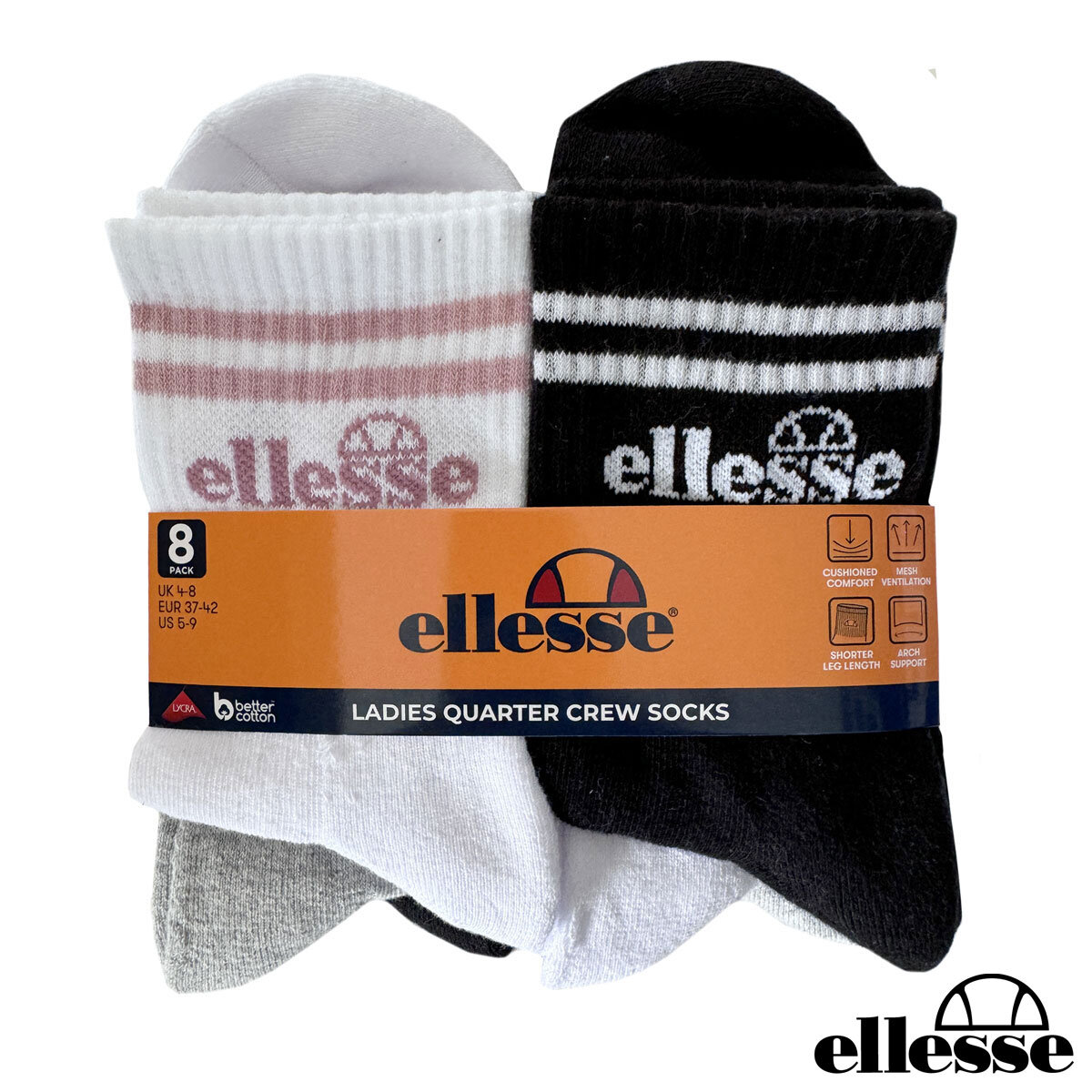 Ellesse Ladies Quarter Sock 8 Pack in Black, Grey & White