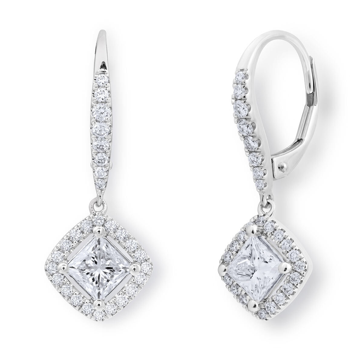 1.38ctw Princess Cut Diamond Halo Earrings, 18ct White Gold