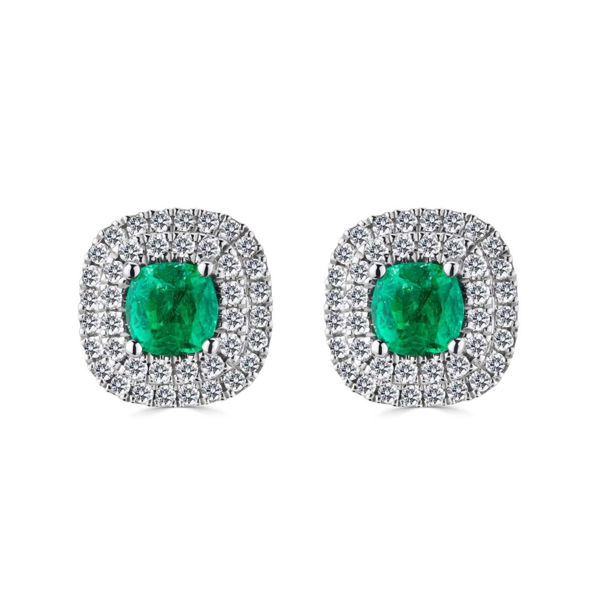 Cushion Cut Emerald & 0.27ctw Diamond Earrings, 18ct White Gold