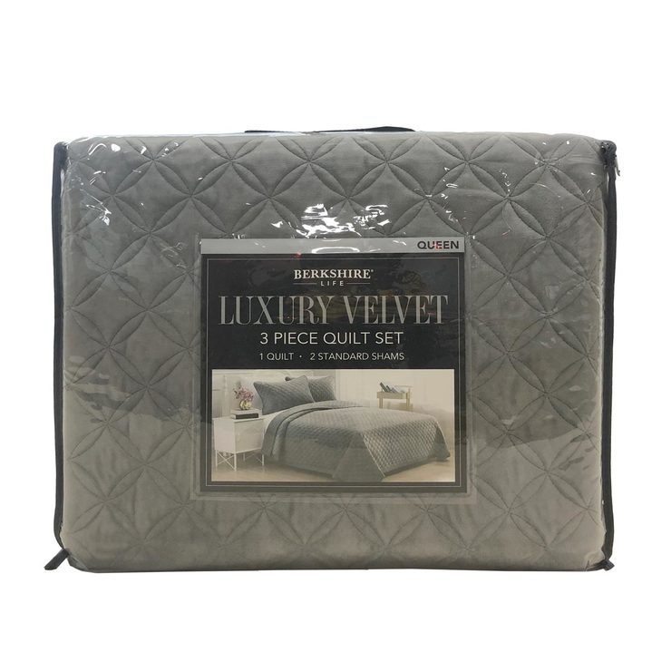 Berkshire Life Luxury Velvet 3 Piece King Size Quilt Set, Grey | Costco UK