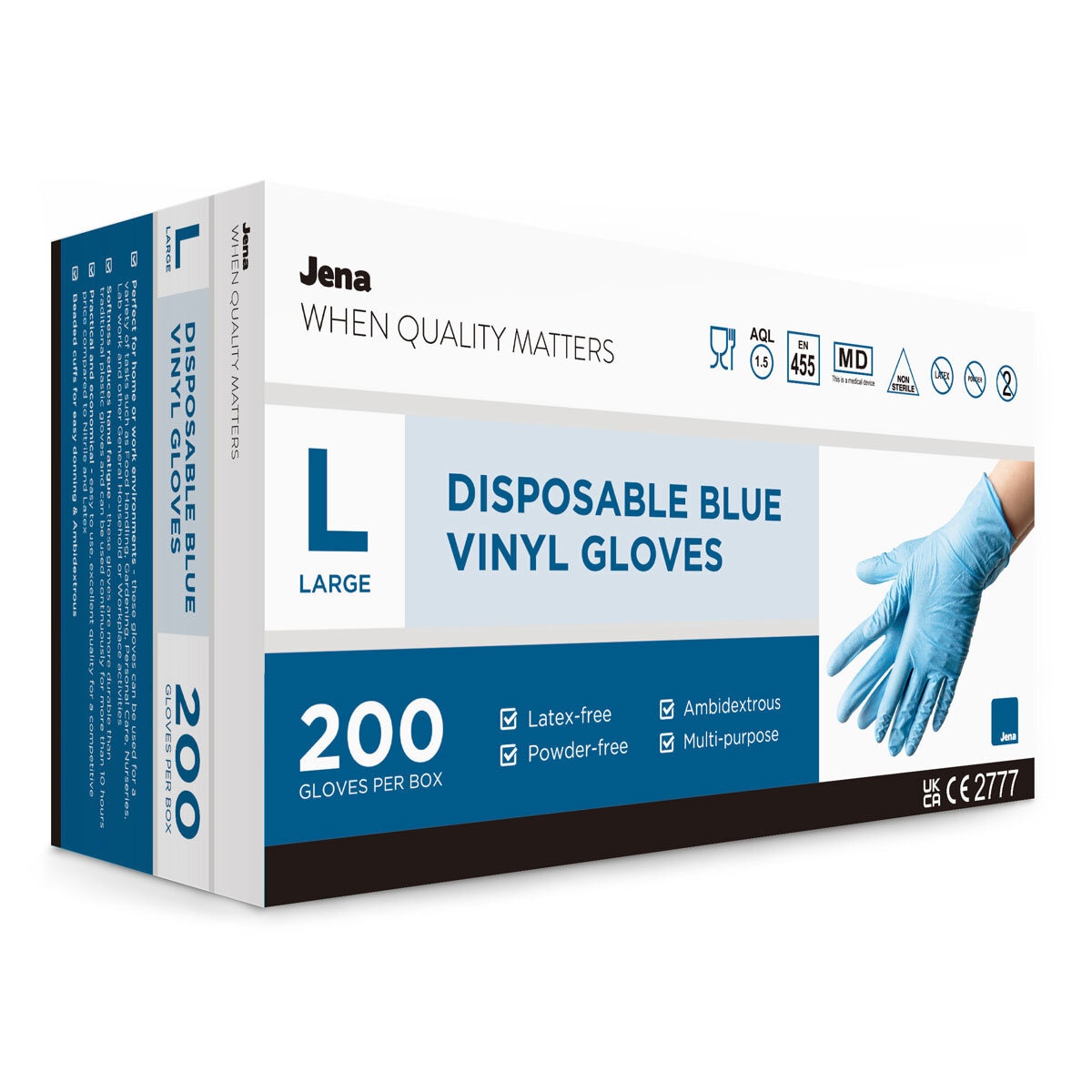 Jena Blue Vinyl Gloves, 200 Pack in Large