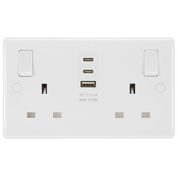 Masterplug Double 13A Switched Sockets with 15W USB A & 2x C Charger Ports, Pack of 2