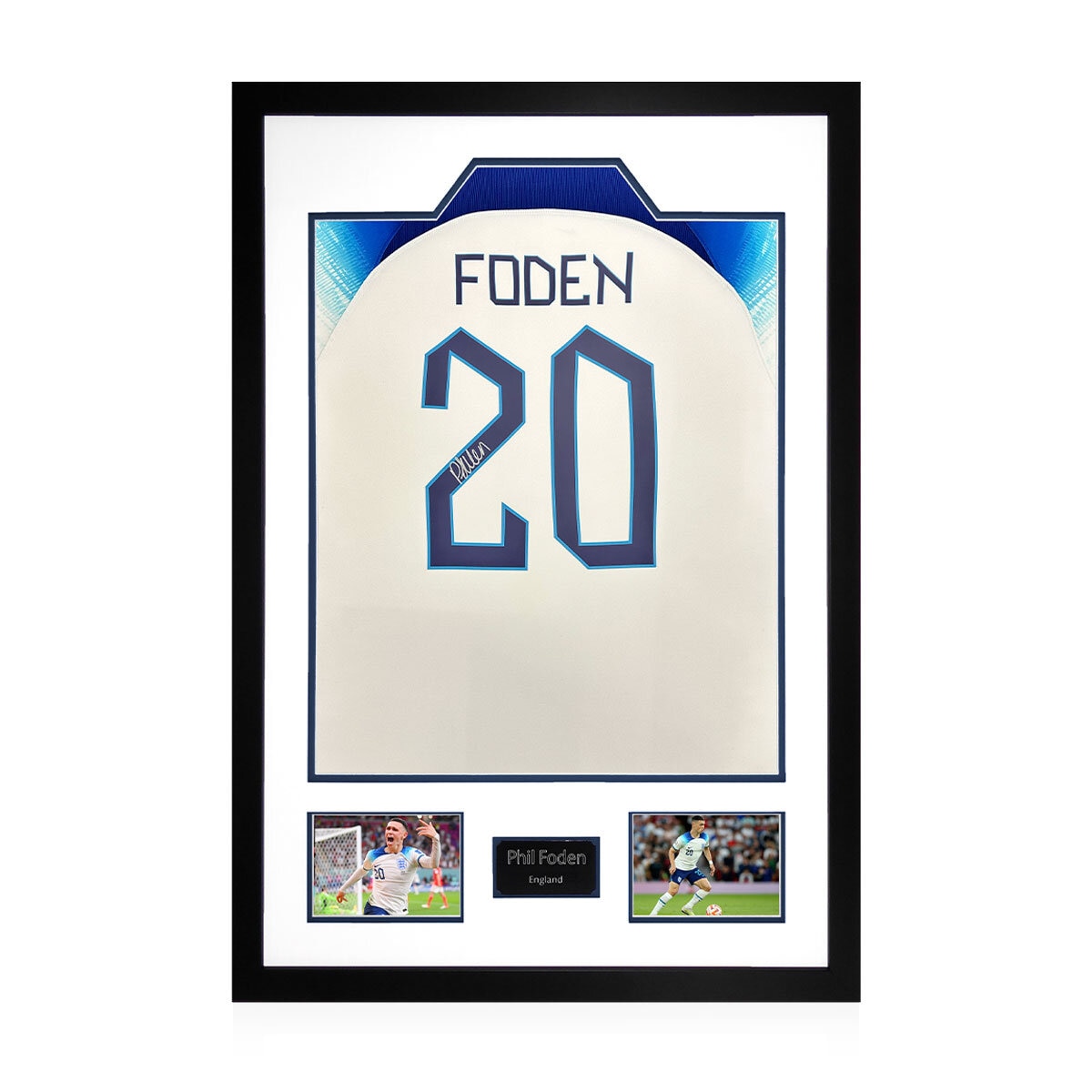 Phil Foden Signed England Framed Shirt, including 2 Photos