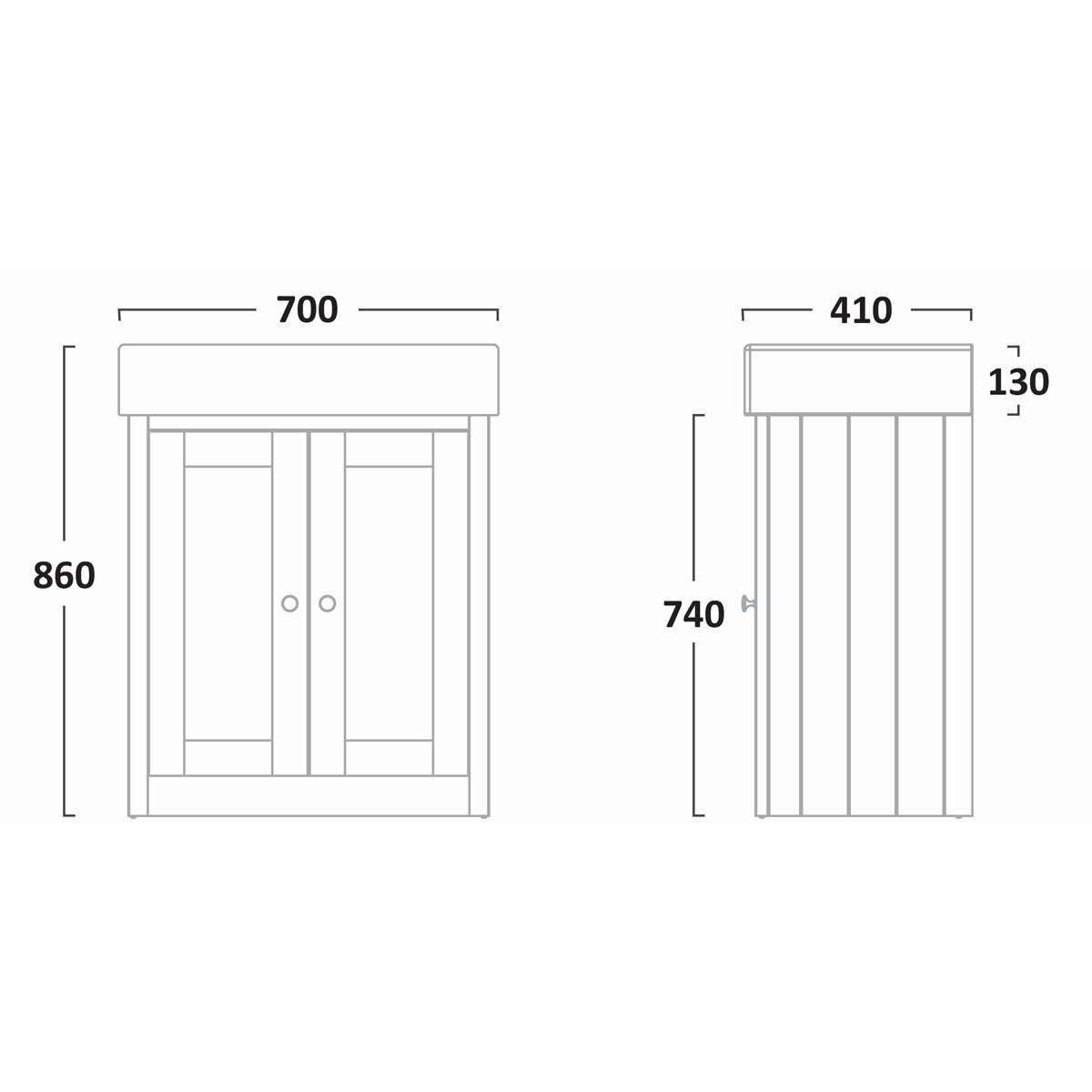 Line drawing of unit on white background with dimensions