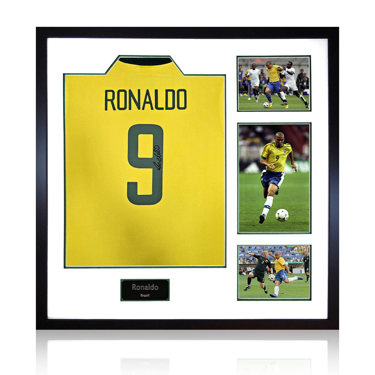 Ronaldo Signed Brazil Framed Shirt, including 3 Photos