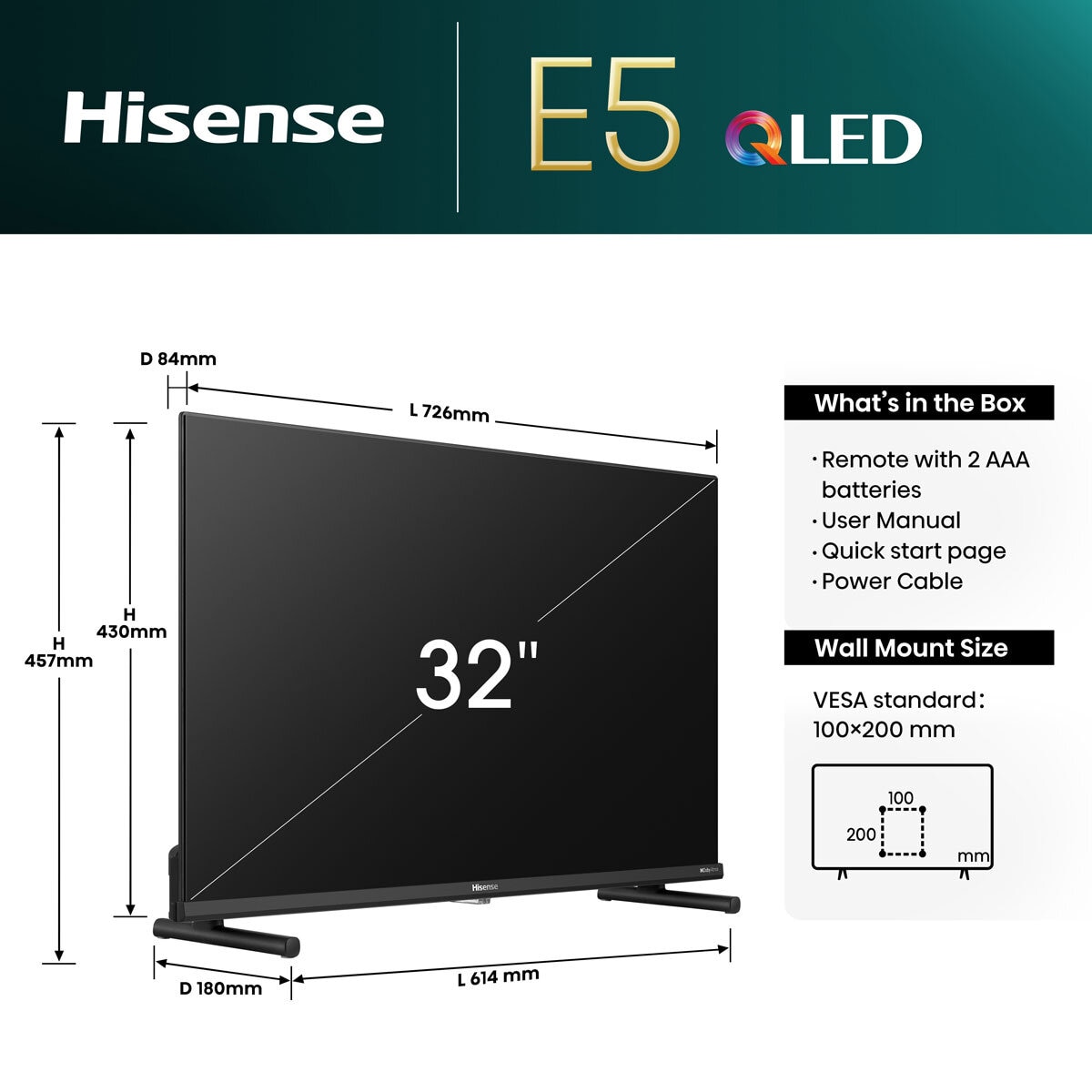 Dimensions  HISENSE 32E5NQTUK 32" 4K UHD QLED TV