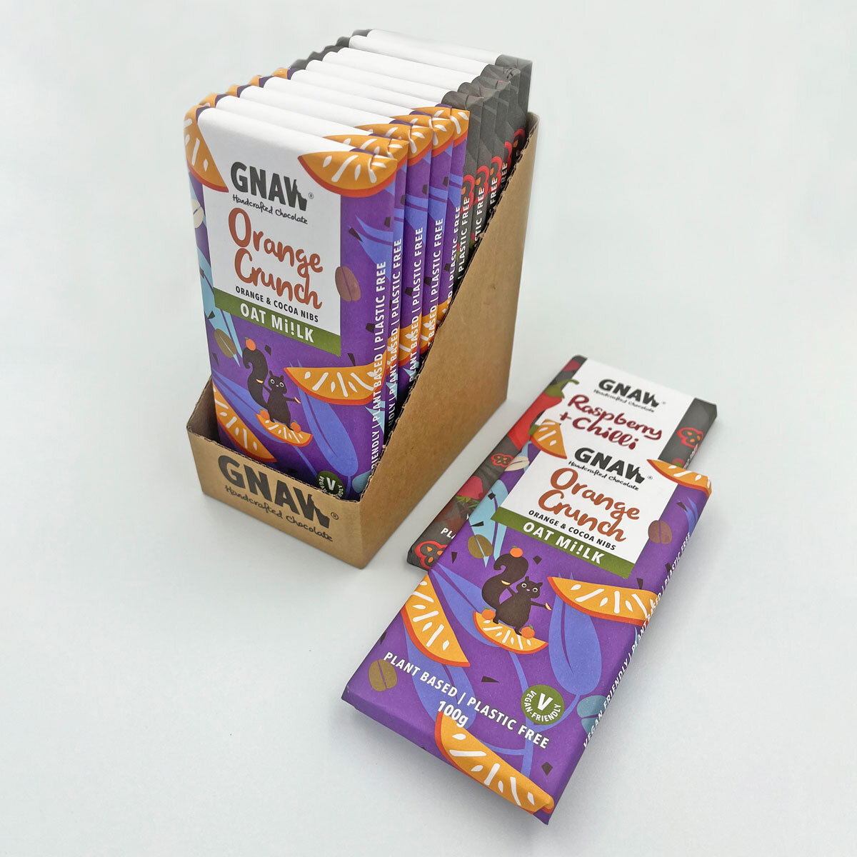 Gnaw Orange Crunch and Raspberry + Chilli Oat Mylk Chocolate Bars, 12 x 100g