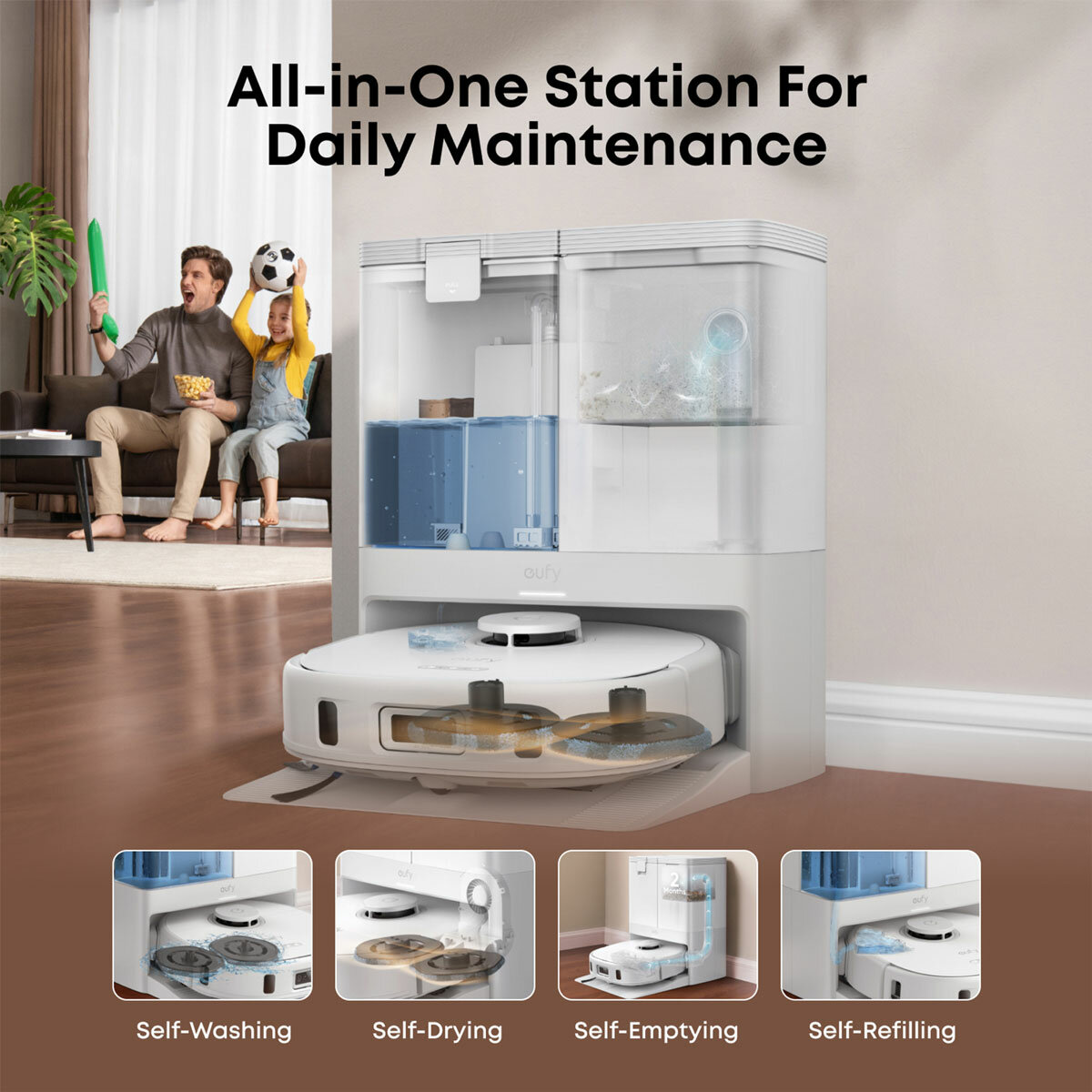 Lifestyle image of Eufy X10 Pro Omni Robot Vacuum & Mop, All-in-One Station self washing, self drying, self emptying, self refilling Lifestyle image of Eufy X10 Pro Omni Robot Vacuum & Mop, All-in-One Station self washing, self drying, self emptying, self refilling