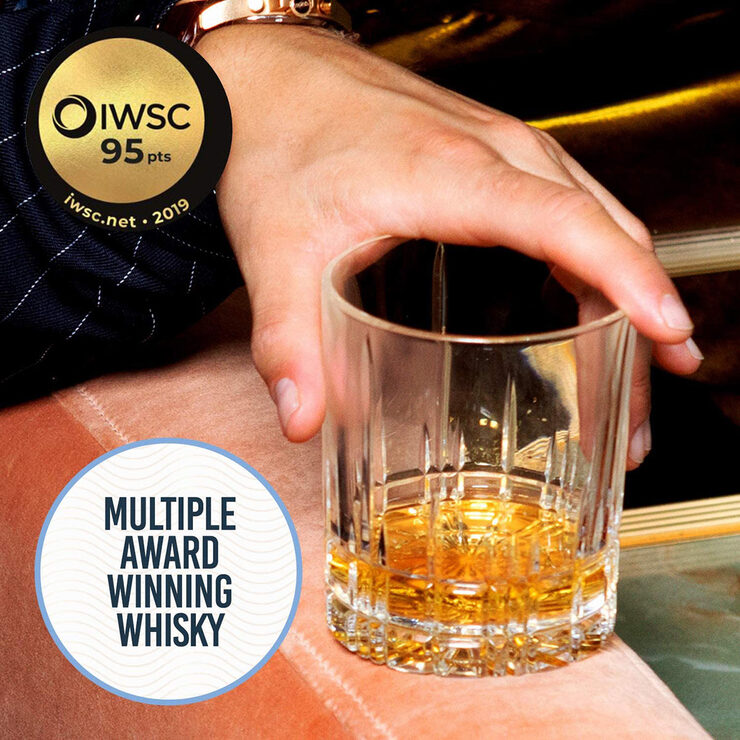 Lifestyle image of glass with award label Lifestyle image of glass with award label