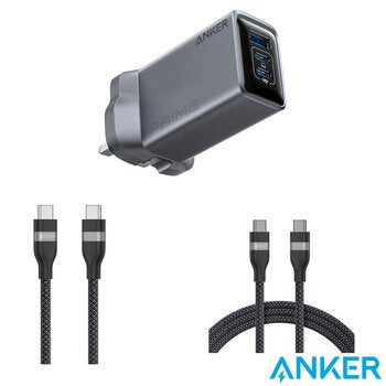 Anker Prime Charger (100W, 3 Ports, GaNPrime) with 0.9 m 240W USB-C to USB-C Cable and 1.8 m 240W USB-C to USB-C Cable Anker Prime Charger (100W, 3 Ports, GaNPrime) with 0.9 m 240W USB-C to USB-C Cable and 1.8 m 240W USB-C to USB-C Cable