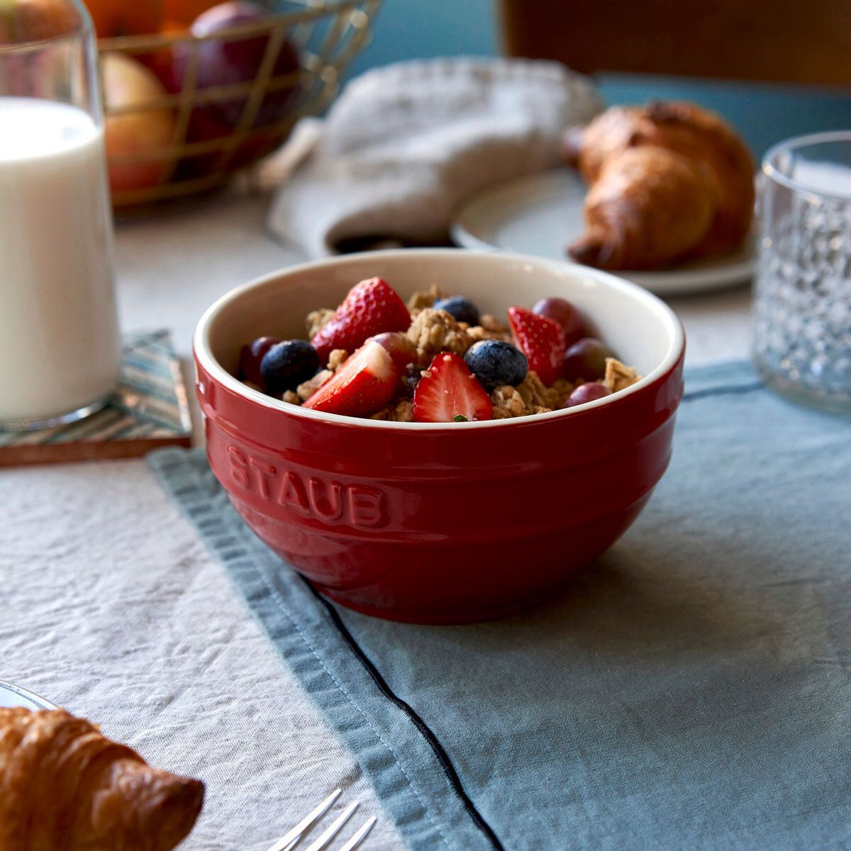 Lifetsyle image of red staub bowl