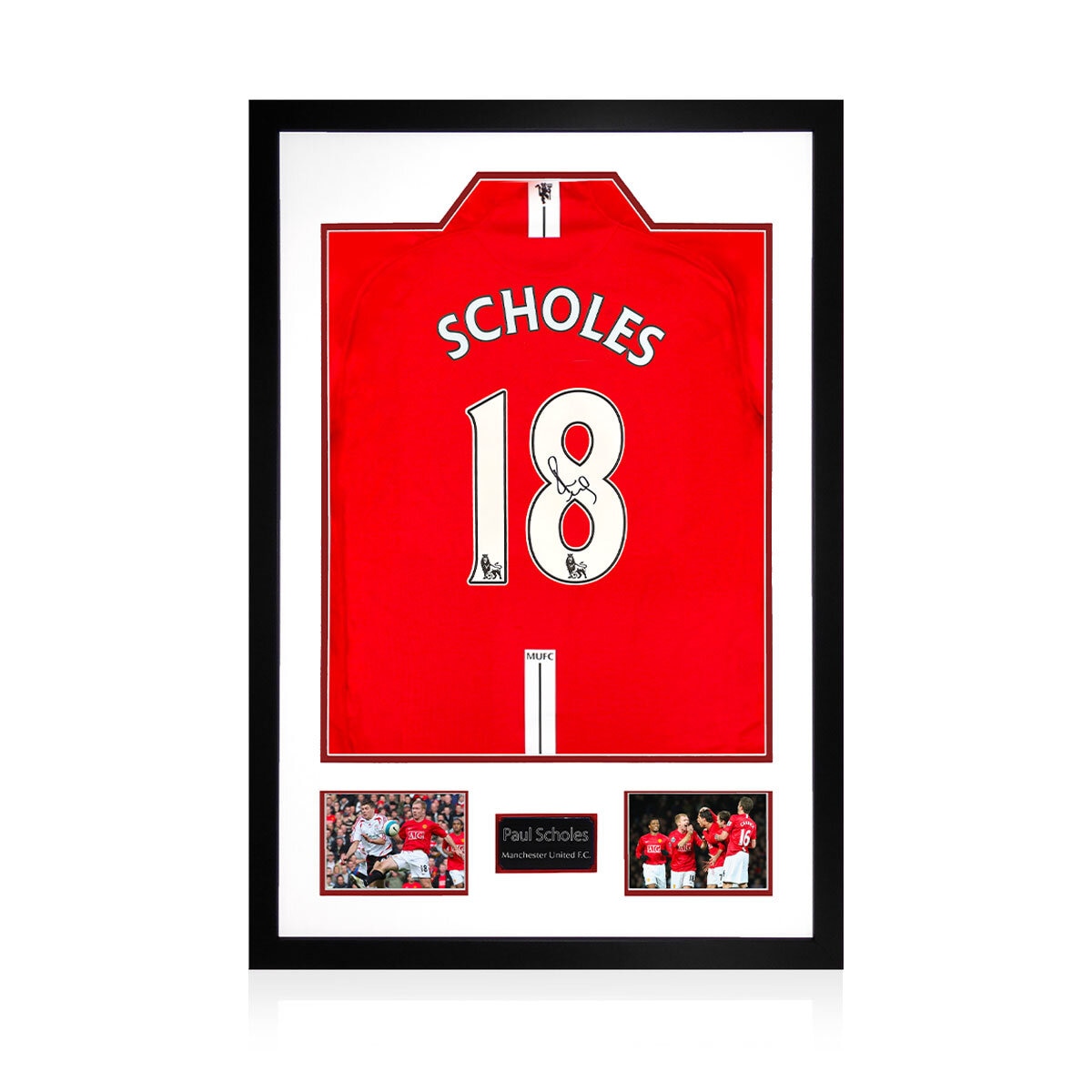 Paul Scholes MUFC Premier League Signed Framed Shirt, including 2 Photos