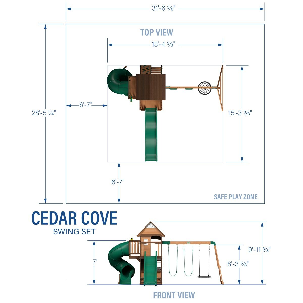Image showing the dimensions of the Backyard Discovery Cedar Cove Playcentre Image showing the dimensions of the Backyard Discovery Cedar Cove Playcentre
