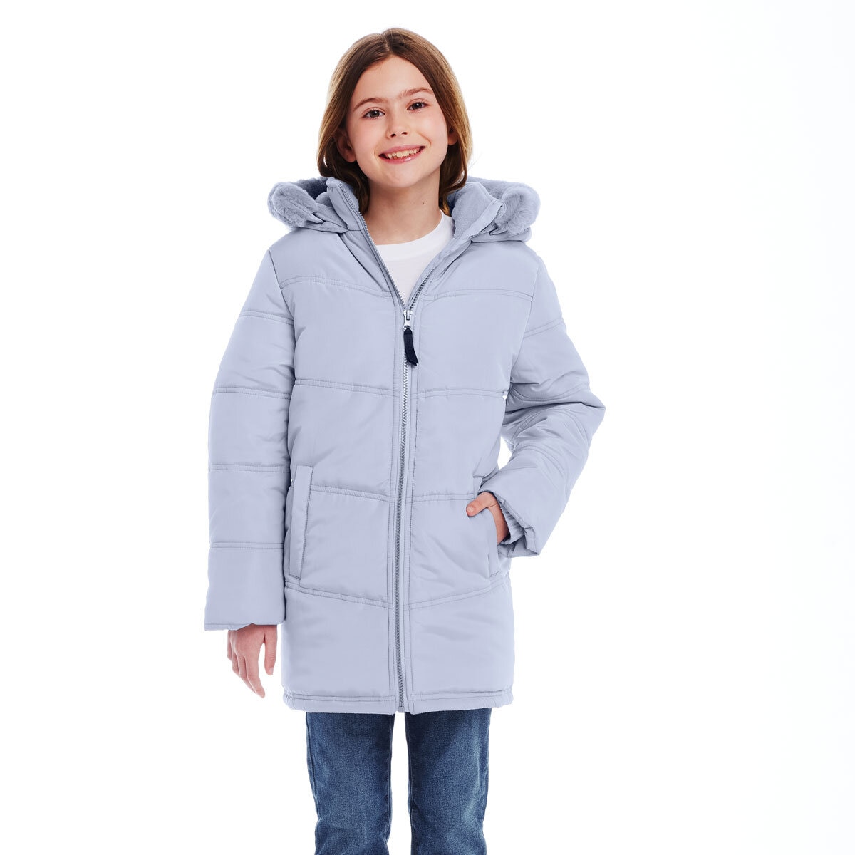 Andy & Evan Boys & Girls Back to School Quilted Parka in Blue with Faux Fur Hood