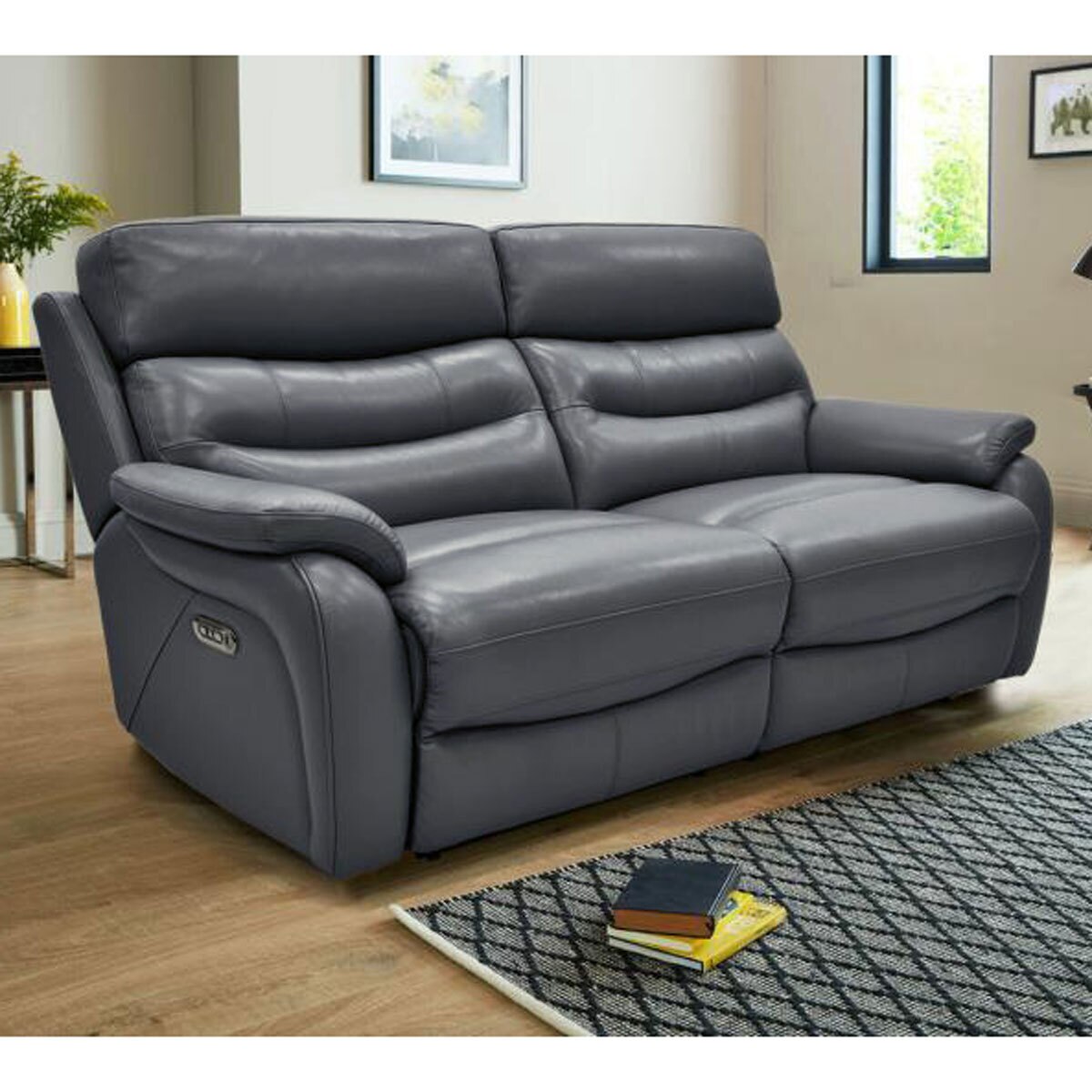 Fletcher Blue Leather Power Reclining Large 2 Seater Sofa with Power ...