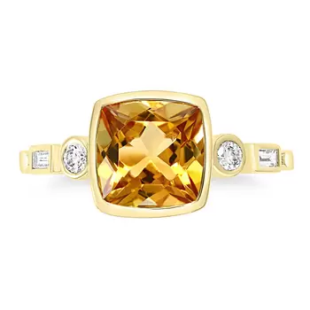 Cushion Cut Citrine & 0.16ctw Diamond Ring, 14ct Yellow Gold