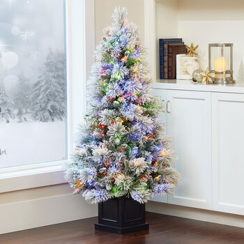 4.5ft (1.37m)  Pre-Lit Glitter Flocked Potted Tree