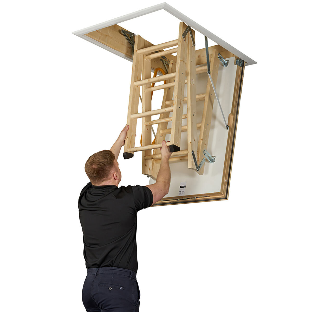 Cut out image of loft ladder being folded away on white background