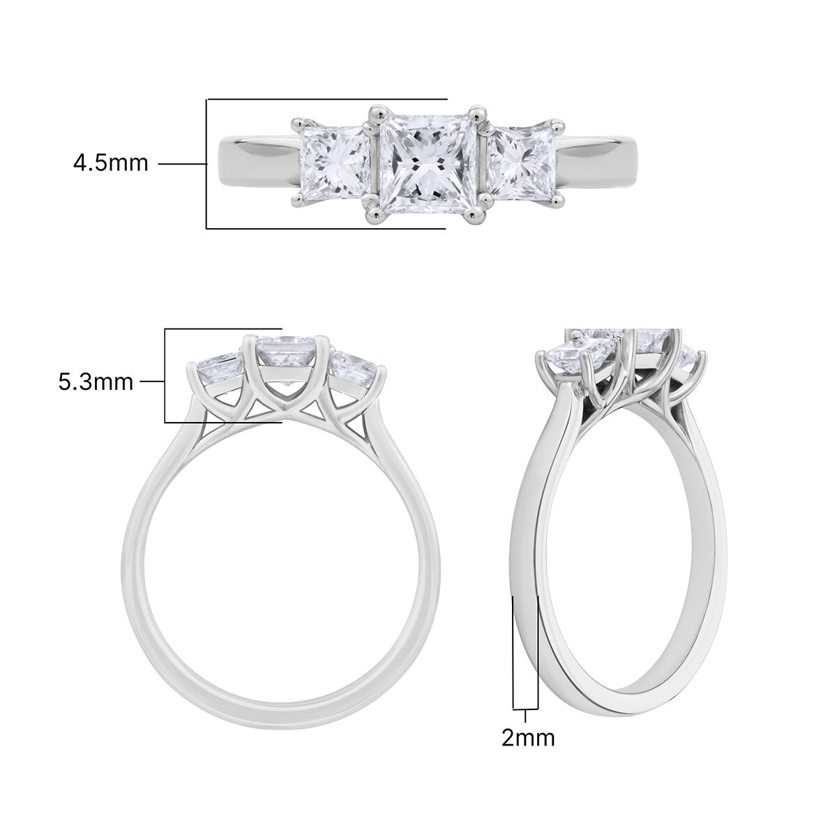 1.00ctw Princess Cut Diamond 3 Stone Ring, 18ct White Gold