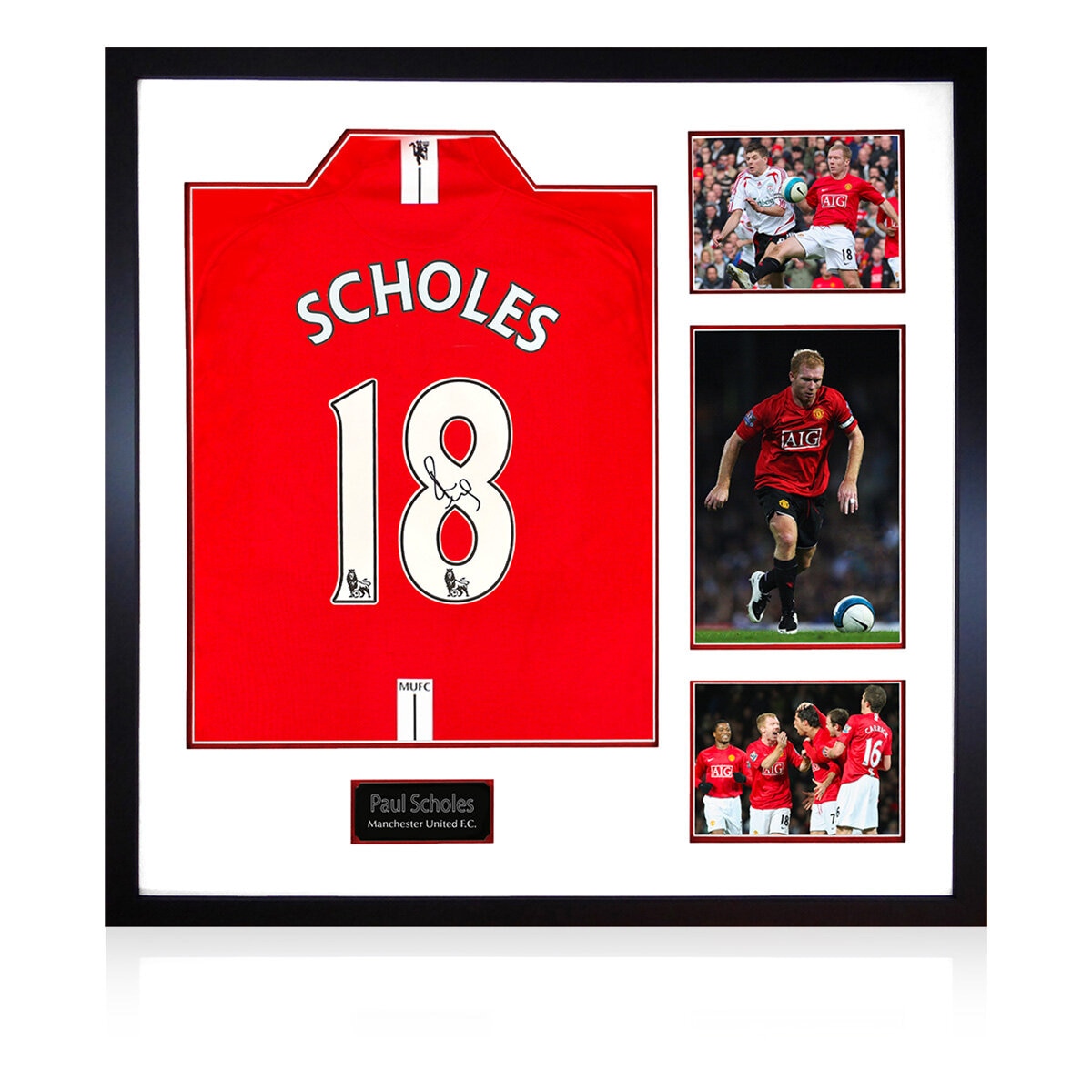 Paul Scholes MUFC Premier League Signed Framed Shirt, including 3 Photos