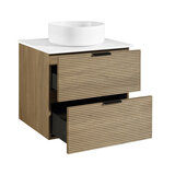 Tilted image of OVE Archie 610mm in Walnut on white background with drawers open