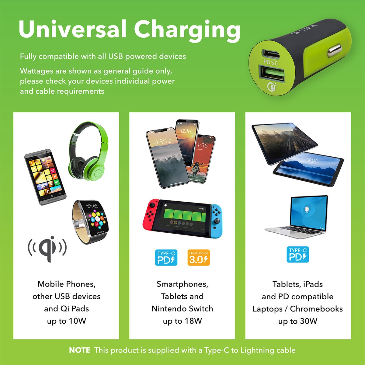 Buy Veld Travel Bundle: 2 Port Super Fast Travel Charger, Super Fast in Car Charger USB Port & USB Type C with Super Fast Cable (USB to Lightning) x 1M at Costco.co.uk