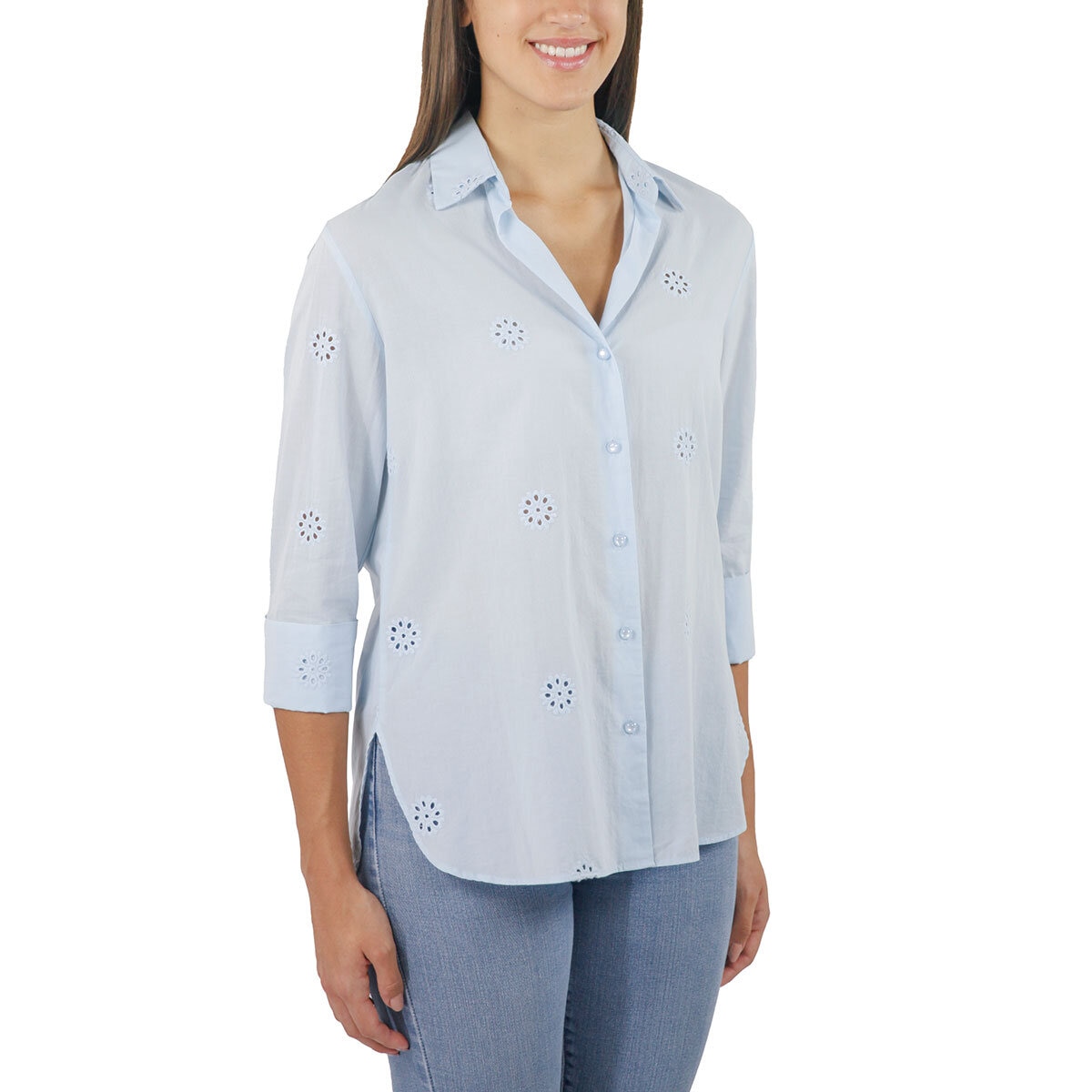 Jachs Ladies Eyelet Long Sleeve Shirt in Blue