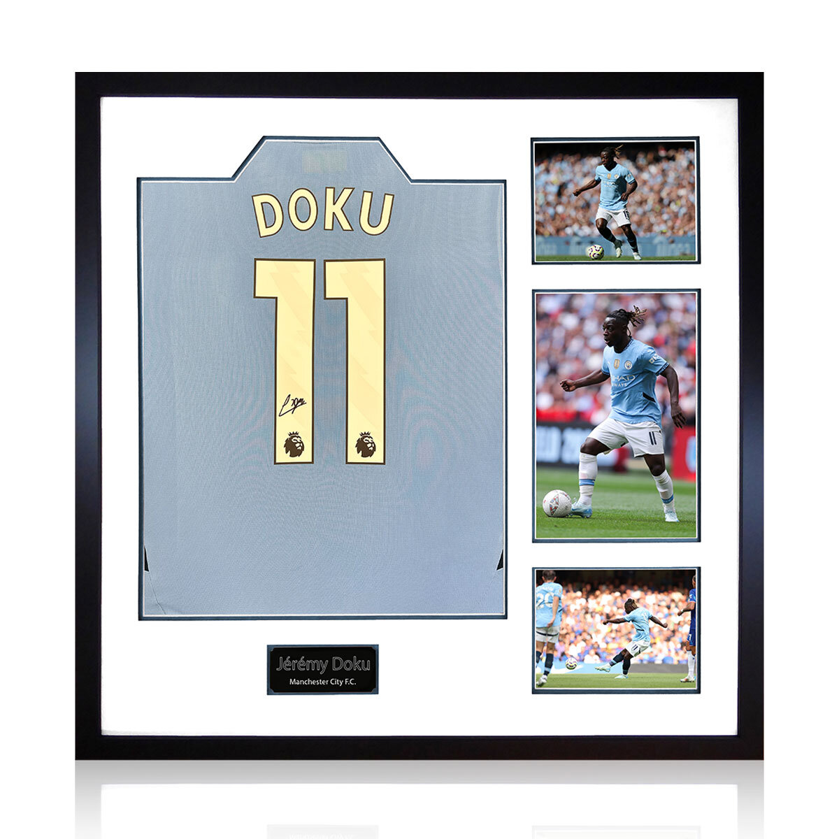 Jeremy Doku MCFC 24/25 Signed Framed Shirt, including 3 Photos