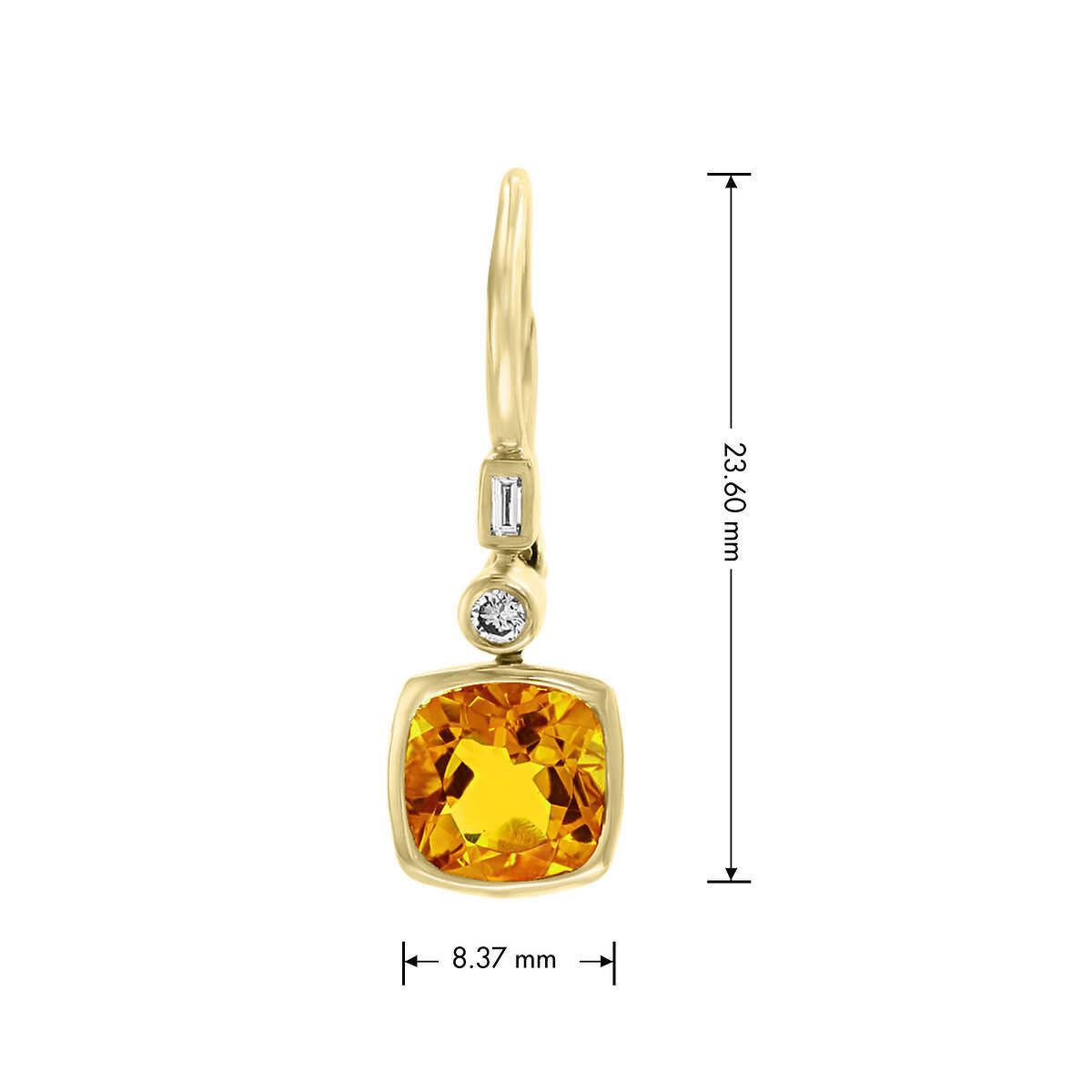 Cushion Cut Citrine & 0.10ctw Diamond Earring, 14ct Yellow Gold