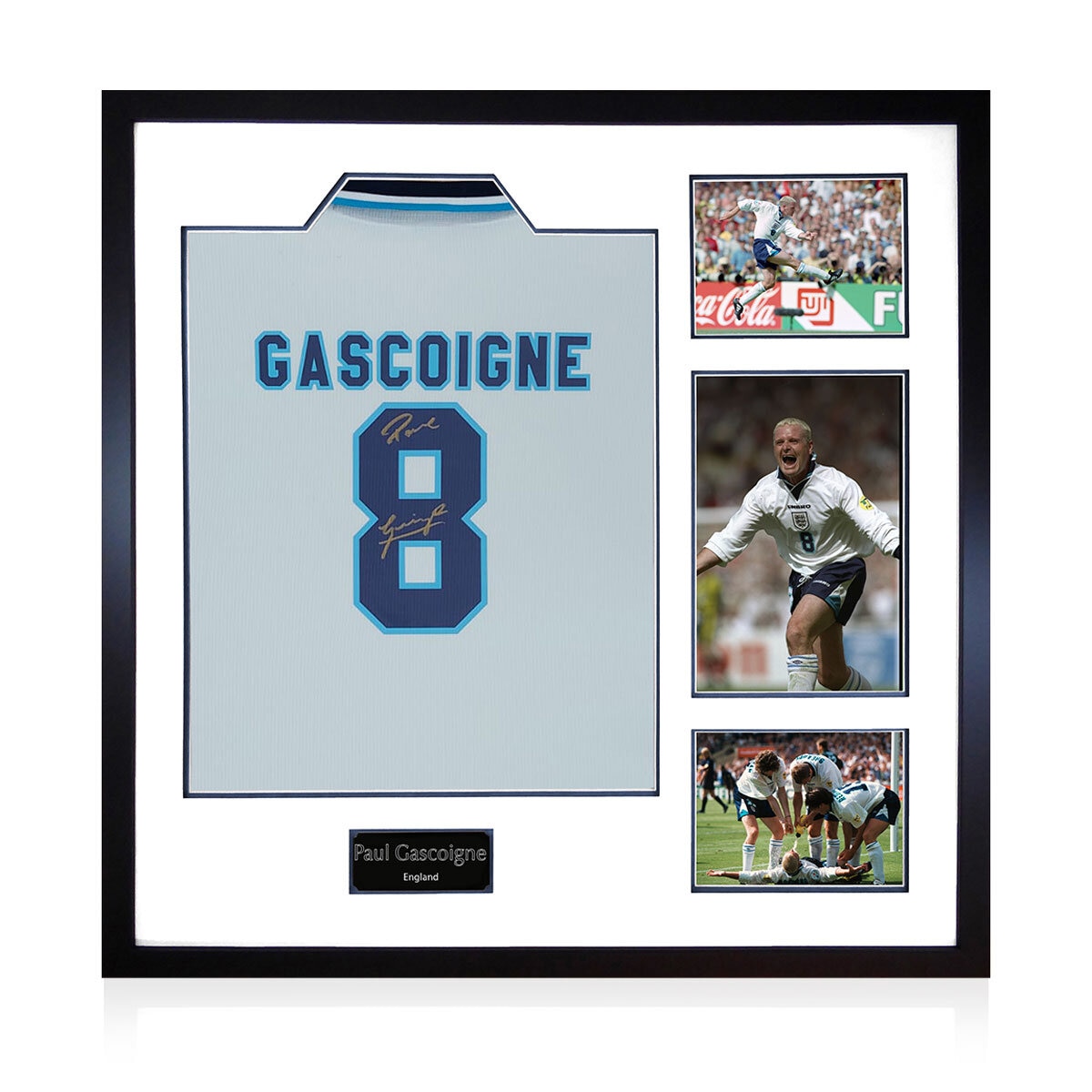 Paul Gascoigne Signed England Shirt, including 3 Photos