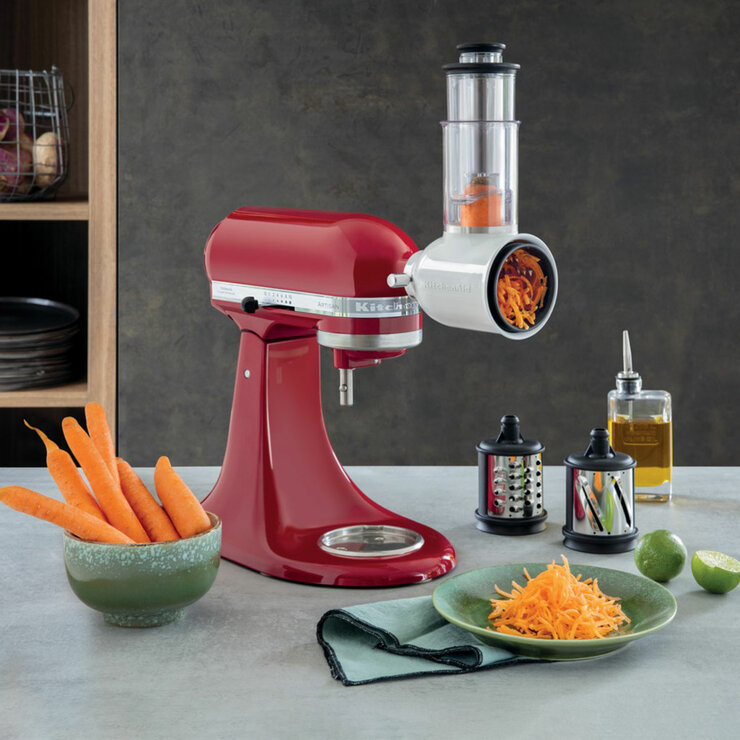 Lifestyle image of KitchenAid Fresh Prep Slicer / Shredder attached to the stand mixer Lifestyle image of KitchenAid Fresh Prep Slicer / Shredder attached to the stand mixer