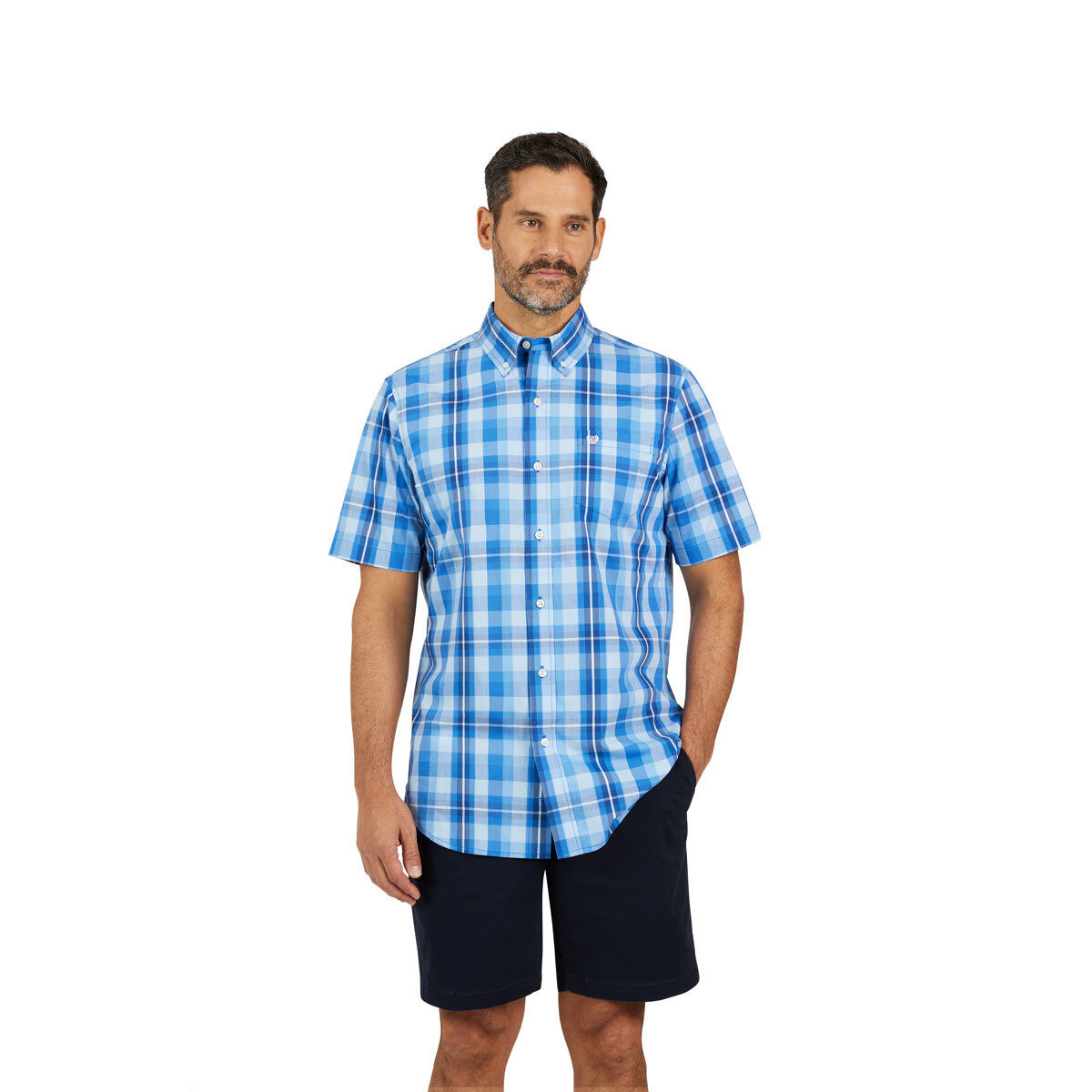 Chaps Men’s Easy Care Short Sleeve Woven Shirt in Marina Blue