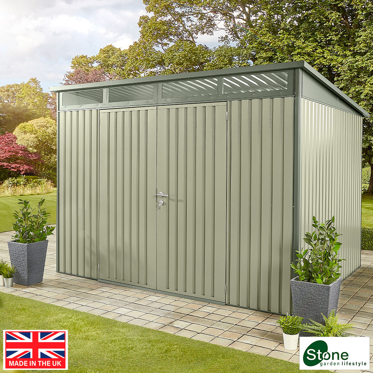 Stone Garden 10ft x 8ft (3m x 2.4m) Large Two Door Steel Shed in Green