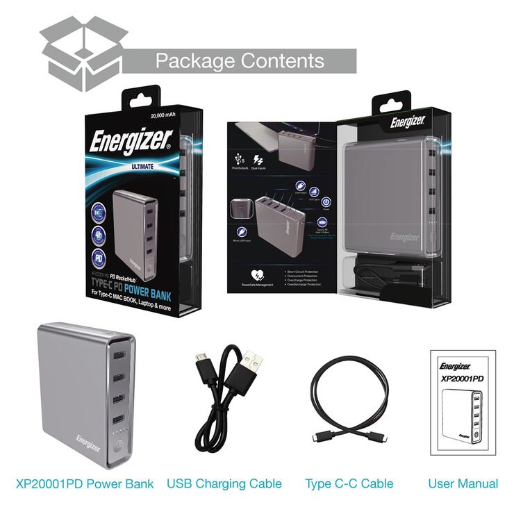 Energizer XP20001PD_GY, 20000mAh Power Bank in Grey | Costco UK