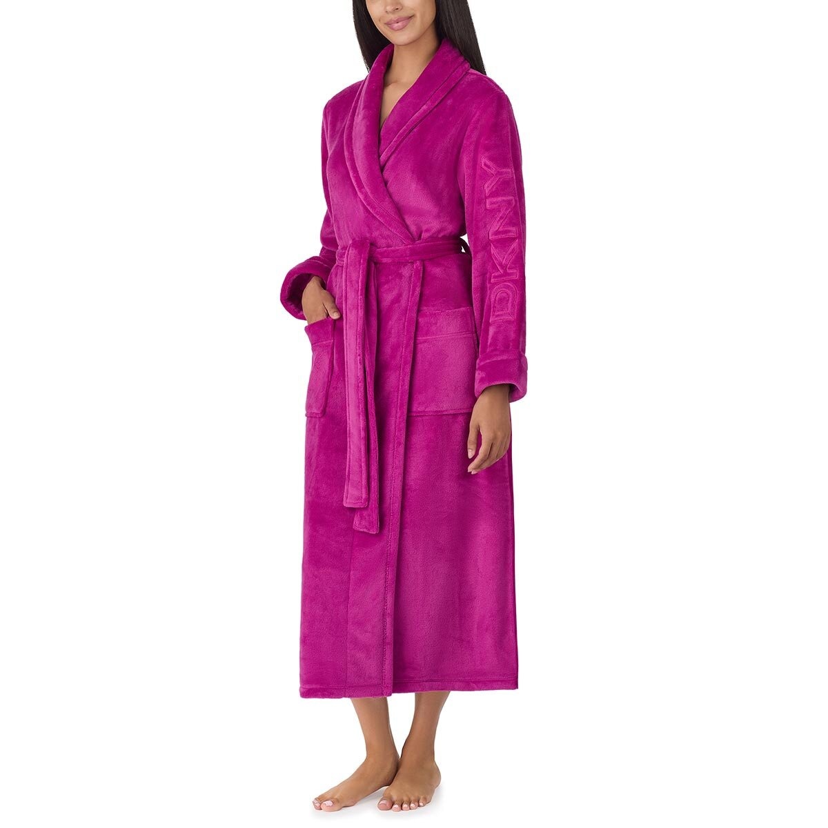 DKNY Shawl Collar Long Plush Robe in Magenta