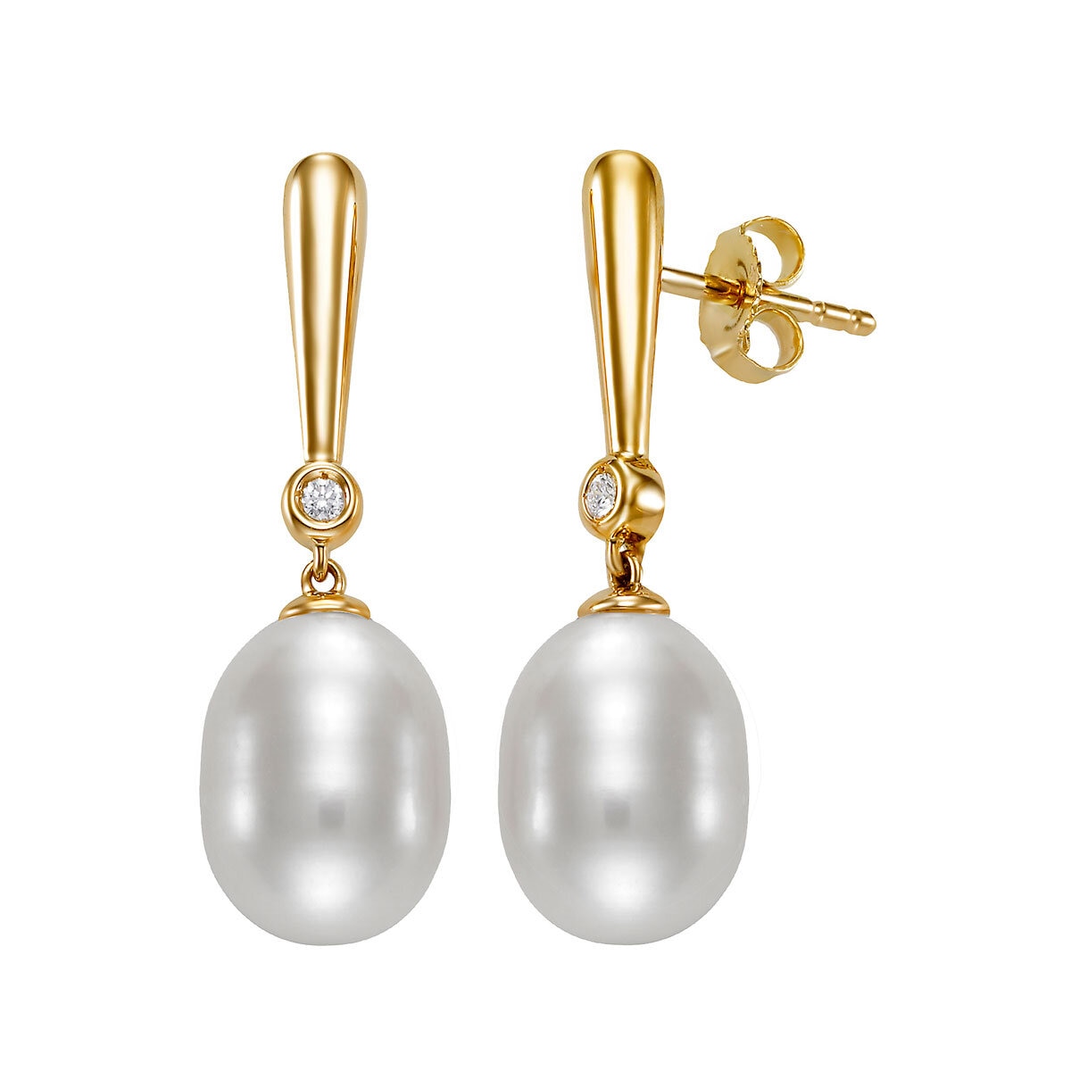 9-10mm Cultured Freshwater White Pearl & 0.06ctw Diamond Earrings, 14ct Yellow Gold