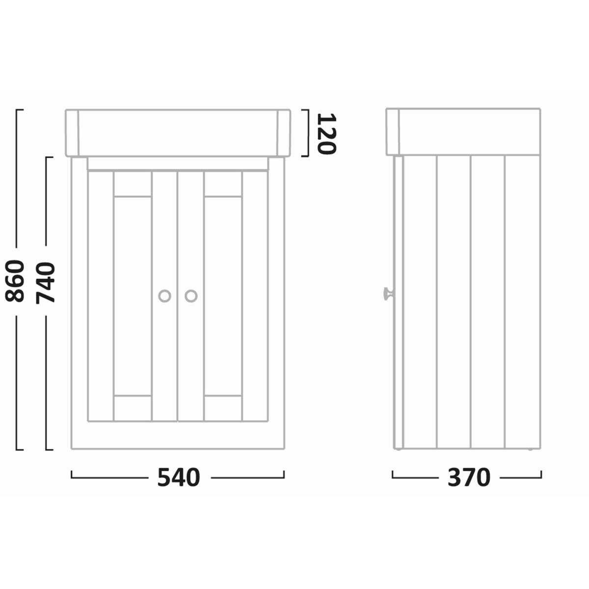 Line drawing of unit on white background with dimensions