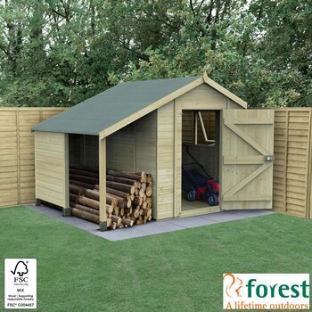 Forest Garden Timberdale 8ft x 6ft" (2.47 x 1.85m) Tongue & Groove Wooden Storage Shed with Log Store