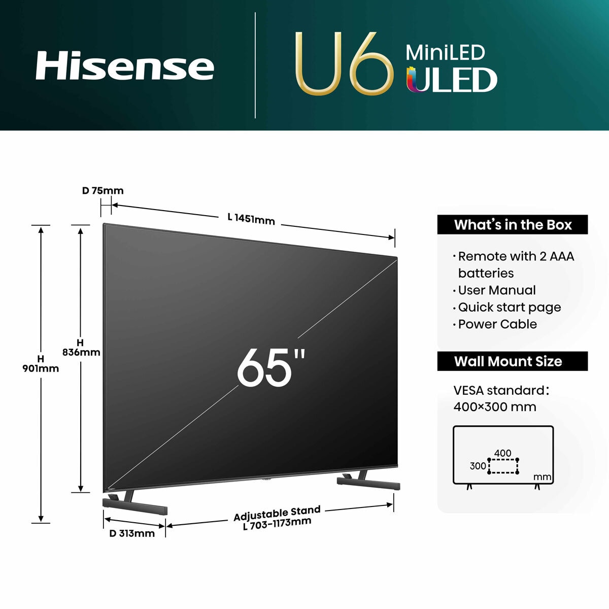 Dimensions of Hisense 65U6NQTUK 65 Inch Mini-LED 4K Ultra HD Smart TV